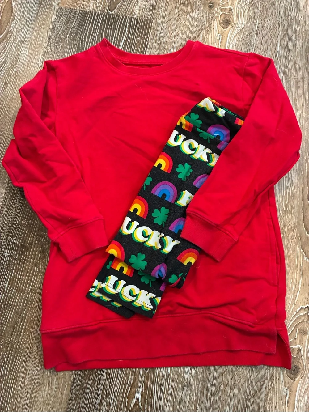 Primary Red Sweatshirt with Black 'Lucky' Rainbow & Shamrock Leggings